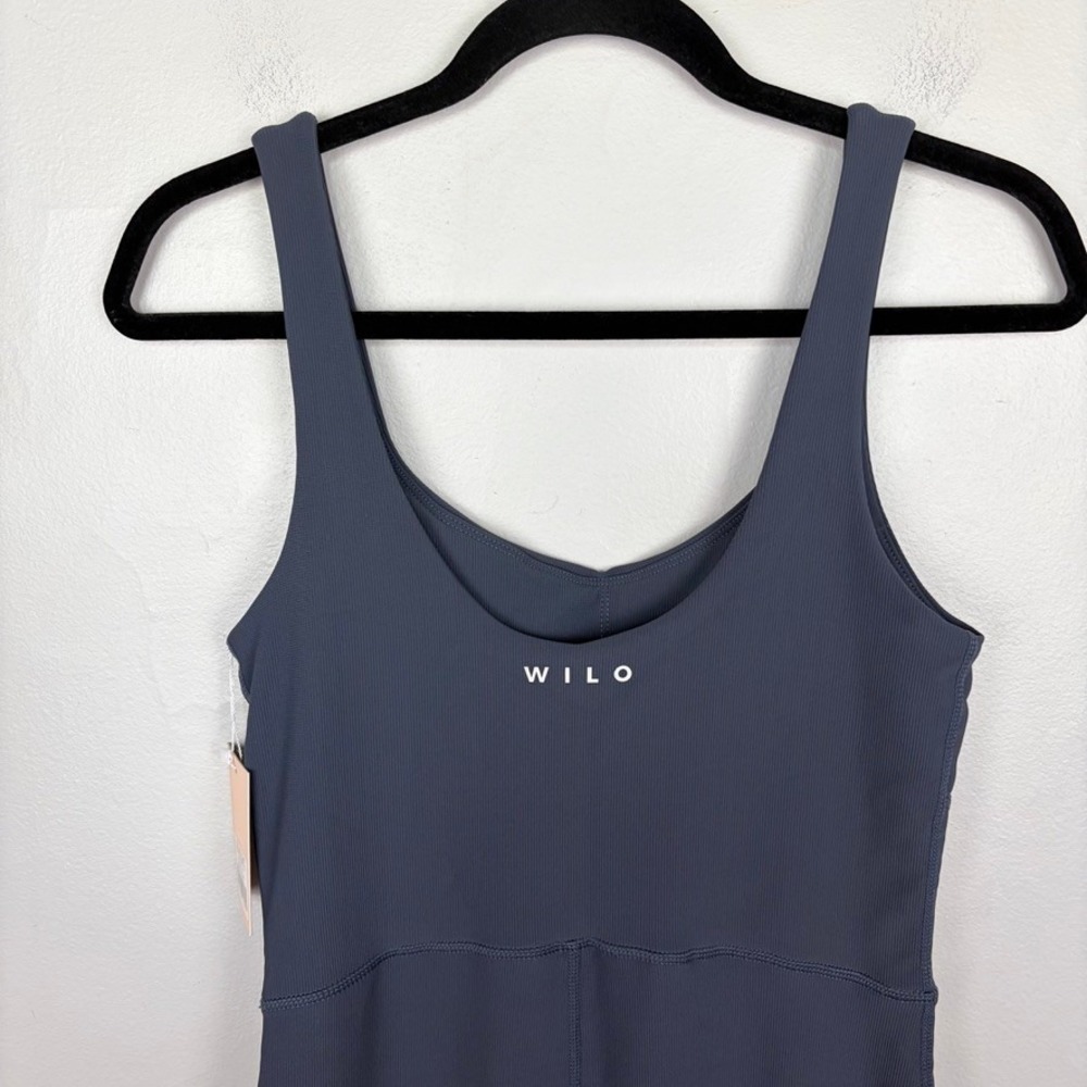 Wilo The Label V-Neck Flare Unitard Gunmetal Sleeveless Jumpsuit Blue Size M - Picture 7 of 11